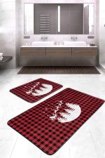 - RealHomes - Realhomes  Kırmızı Ekose Motifli Yılbaşı Desenli 2'li Banyo Paspası & Klozet Takımı Realhomes