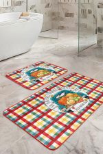 - RealHomes - Realhomes Renkli Ekose Kabak Temalı 2'li Klozet Takımı & Banyo Paspas Seti Realhomes