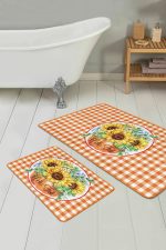 - RealHomes - Realhomes  Turuncu Ekose Tasarımlı 2'li Banyo Paspas Seti & Muftak Paspas Takımı Realhomes