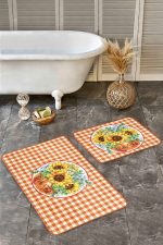 - RealHomes - Realhomes  Turuncu Ekose Tasarımlı 2'li Banyo Paspas Seti & Muftak Paspas Takımı Realhomes