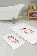 - RealHomes - Realhomes Beyaz Zeminli Yılbaşı Motifli 2'li Mutfak Paspas Seti & Banyo Paspas Takımı Realhomes