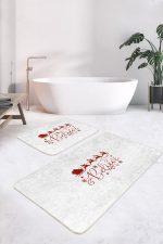 - RealHomes - Realhomes Beyaz Zeminli Yılbaşı Motifli 2'li Mutfak Paspas Seti & Banyo Paspas Takımı Realhomes