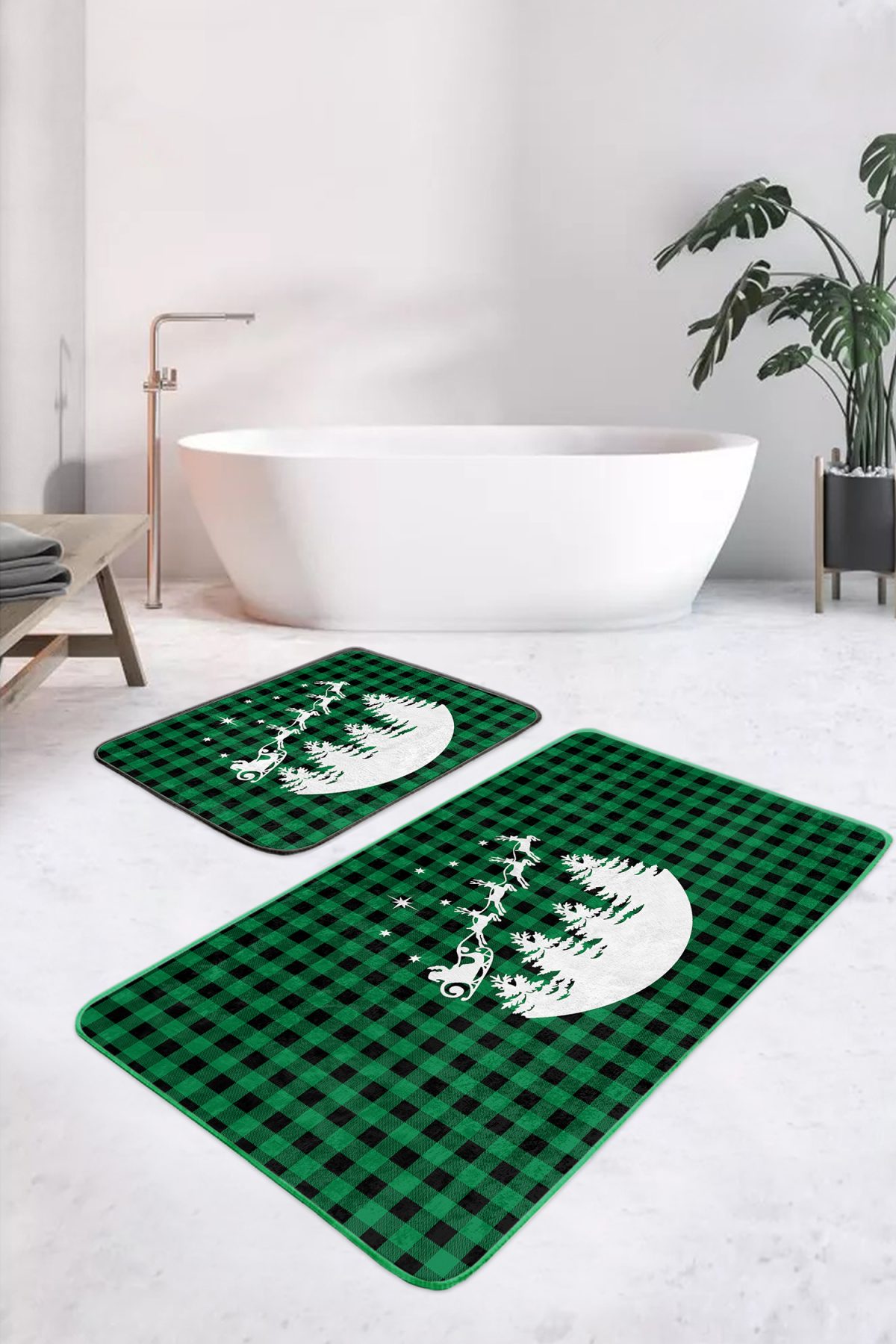 Yeşil Ekose Motifli Yılbaşı Tasarımlı 2'li Mutfak Paspas Takımı & Banyo Halısı Realhomes
