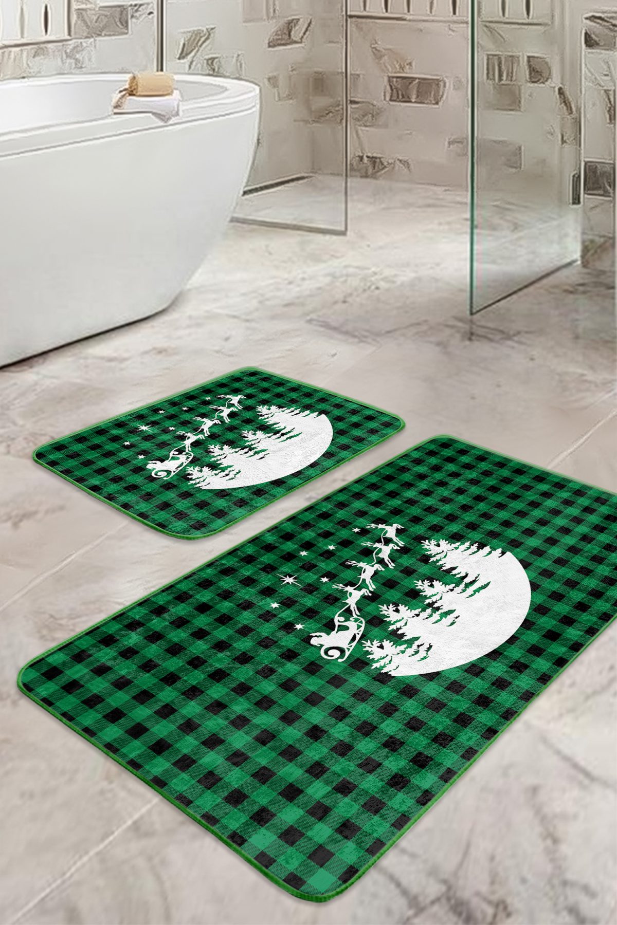 Yeşil Ekose Motifli Yılbaşı Tasarımlı 2'li Mutfak Paspas Takımı & Banyo Halısı Realhomes