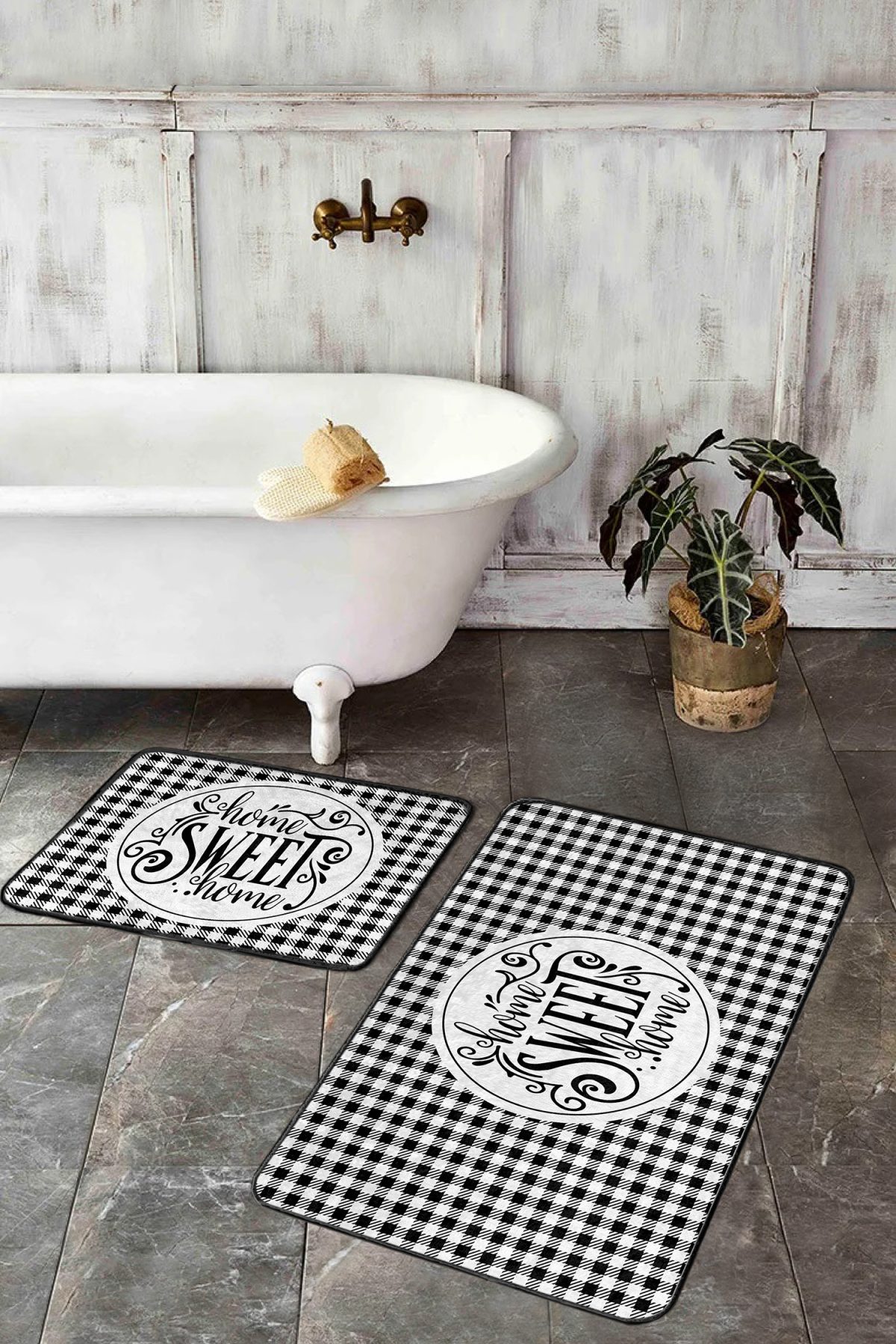 Siyah Beyaz Ekose Home Sweet Temalı 2'li Banyo Paspas Takımı & Mutfak Halısı Realhomes