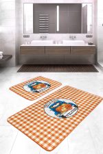 - RealHomes - Realhomes  Turuncu Ekose Tasarımlı 2'li Klozet Takımı & Banyo Paspas Seti Realhomes