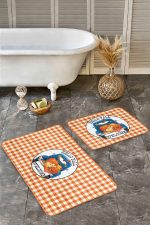 - RealHomes - Realhomes  Turuncu Ekose Tasarımlı 2'li Klozet Takımı & Banyo Paspas Seti Realhomes