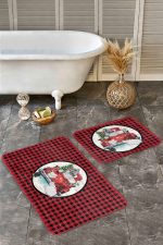 - RealHomes - Realhomes  Kırmızı Ekose Tasarımlı Yılbaşı Temalı 2'li Banyo Halısı & Mutfak Paspas Takımı Realhomes