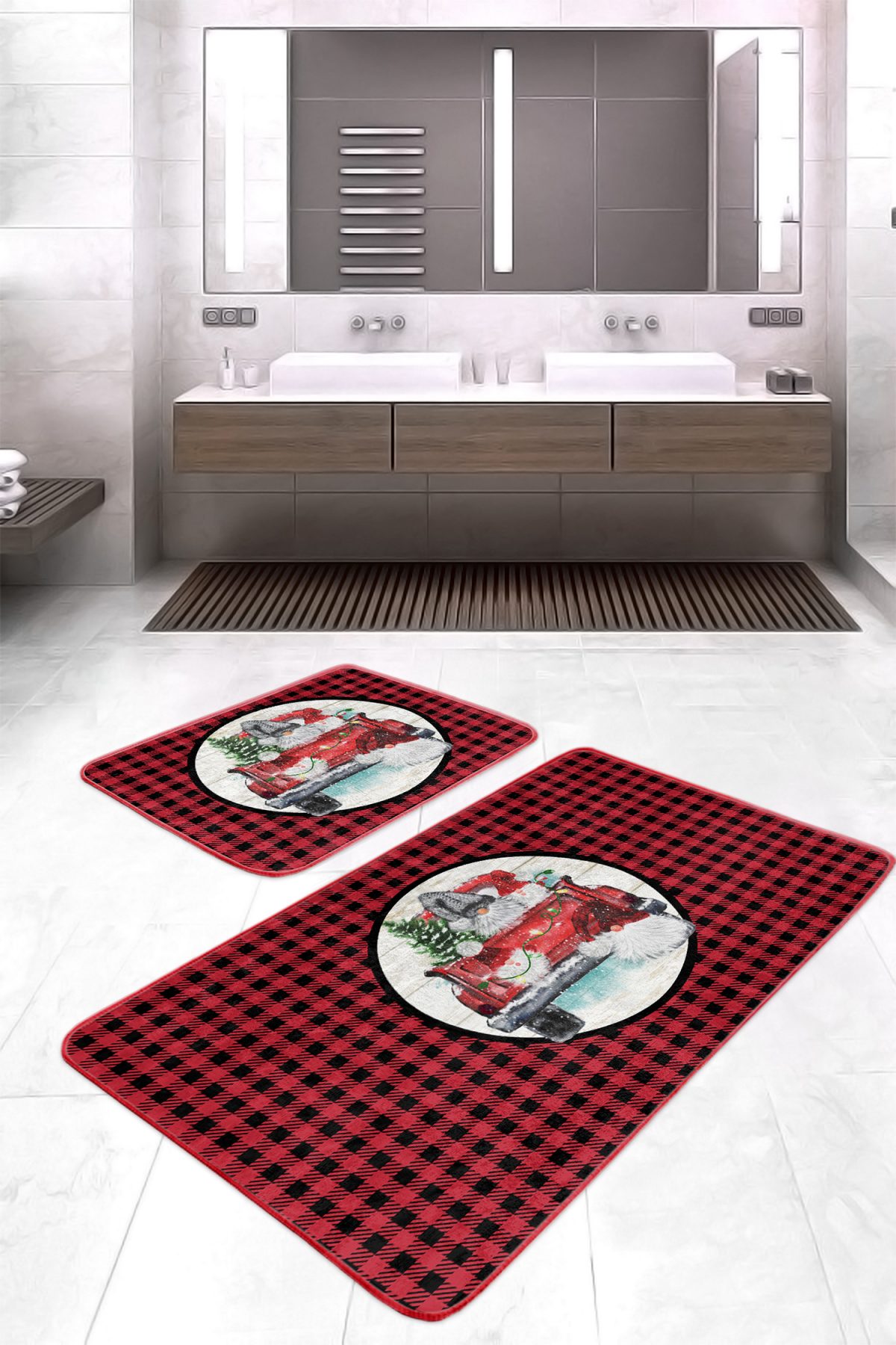 Kırmızı Ekose Tasarımlı Yılbaşı Temalı 2'li Banyo Halısı & Mutfak Paspas Takımı Realhomes