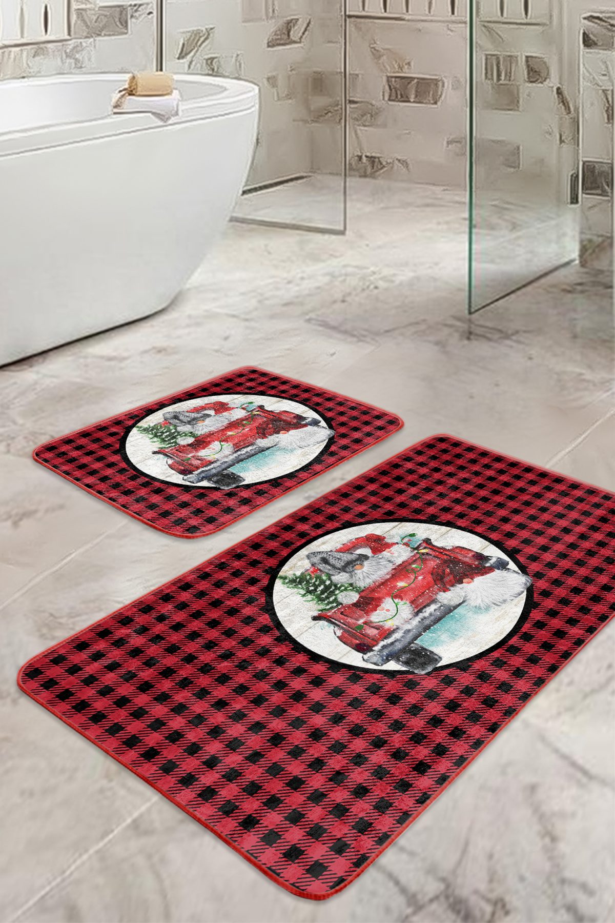Kırmızı Ekose Tasarımlı Yılbaşı Temalı 2'li Banyo Halısı & Mutfak Paspas Takımı Realhomes