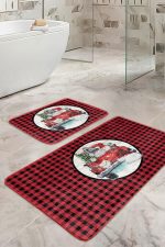 - RealHomes - Realhomes  Kırmızı Ekose Tasarımlı Yılbaşı Temalı 2'li Banyo Halısı & Mutfak Paspas Takımı Realhomes