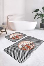 - RealHomes - Realhomes  Siyah Beyaz Ekose Motifli 2'li Klozet Takımı & Banyo Paspas Seti Realhomes