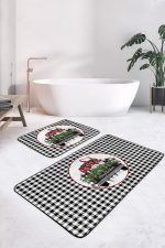 - RealHomes - Realhomes Siyah Beyaz Ekose Tasarımlı 2'li Banyo Paspas Takımı & Mutfak Paspas Seti Realhomes