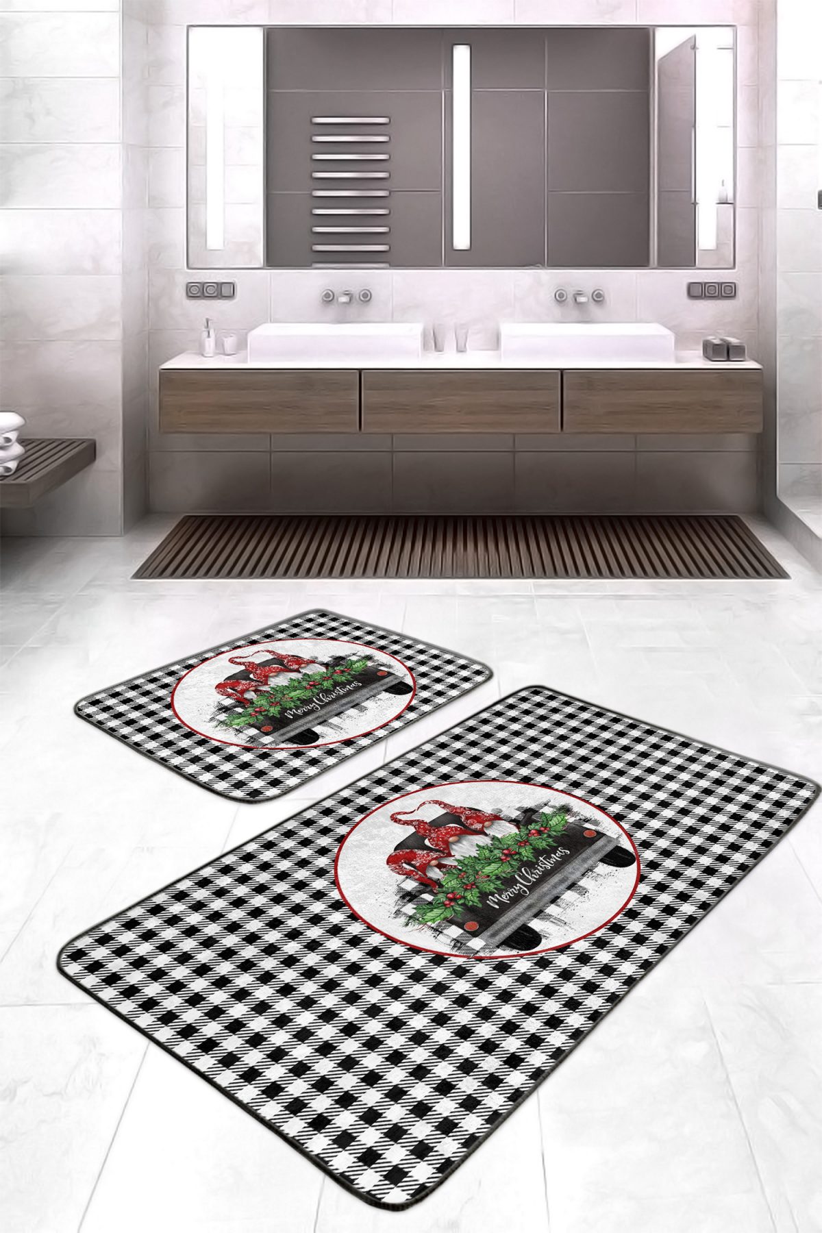 Siyah Beyaz Ekose Tasarımlı 2'li Banyo Paspas Takımı & Mutfak Paspas Seti Realhomes