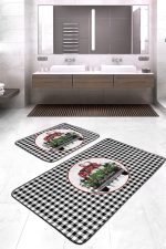 - RealHomes - Realhomes Siyah Beyaz Ekose Tasarımlı 2'li Banyo Paspas Takımı & Mutfak Paspas Seti Realhomes