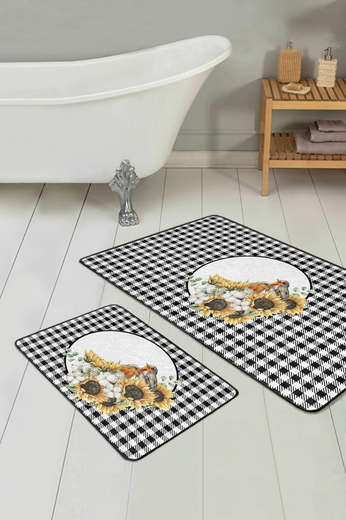 Ekose Siyah Beyaz Tasarımlı 2'li Banyo Halı Seti & Klozet Paspas Seti Realhomes