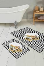 Ekose Siyah Beyaz Tasarımlı 2'li Banyo Halı Seti & Klozet Paspas Seti Realhomes