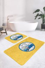 - RealHomes - Realhomes  Sarı Puantiyeli Mavi Arabalı 2'li Mutfak Paspas Takımı & Banyo Halı Seti Realhomes