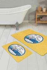 - RealHomes - Realhomes  Sarı Puantiyeli Mavi Arabalı 2'li Mutfak Paspas Takımı & Banyo Halı Seti Realhomes