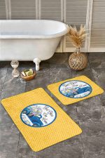 - RealHomes - Realhomes  Sarı Puantiyeli Mavi Arabalı 2'li Mutfak Paspas Takımı & Banyo Halı Seti Realhomes