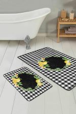 - RealHomes - Realhomes  Siyah Ekose Motifli Limon Tasarımlı 2'li Banyo Paspas Takımı & Klozet Paspas Seti Realhomes