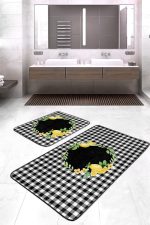 - RealHomes - Realhomes  Siyah Ekose Motifli Limon Tasarımlı 2'li Banyo Paspas Takımı & Klozet Paspas Seti Realhomes