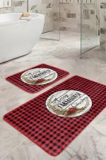 - RealHomes - Realhomes  Kırmızı Siyah Ekose Christmas Temalı 2'li Mutfak Paspas Takımı & Banyo Halısı Seti Realhomes