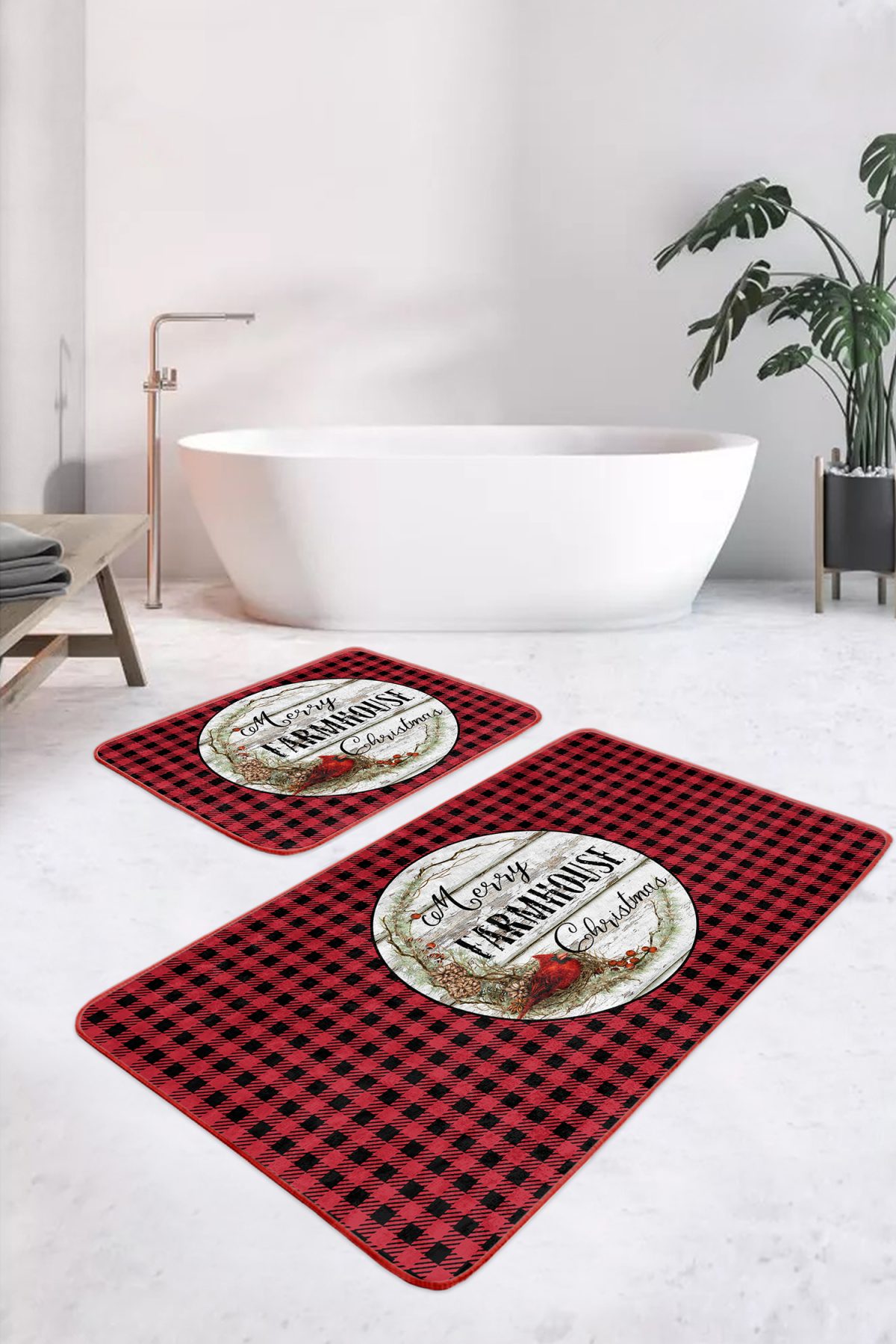 Kırmızı Siyah Ekose Christmas Temalı 2'li Mutfak Paspas Takımı & Banyo Halısı Seti Realhomes