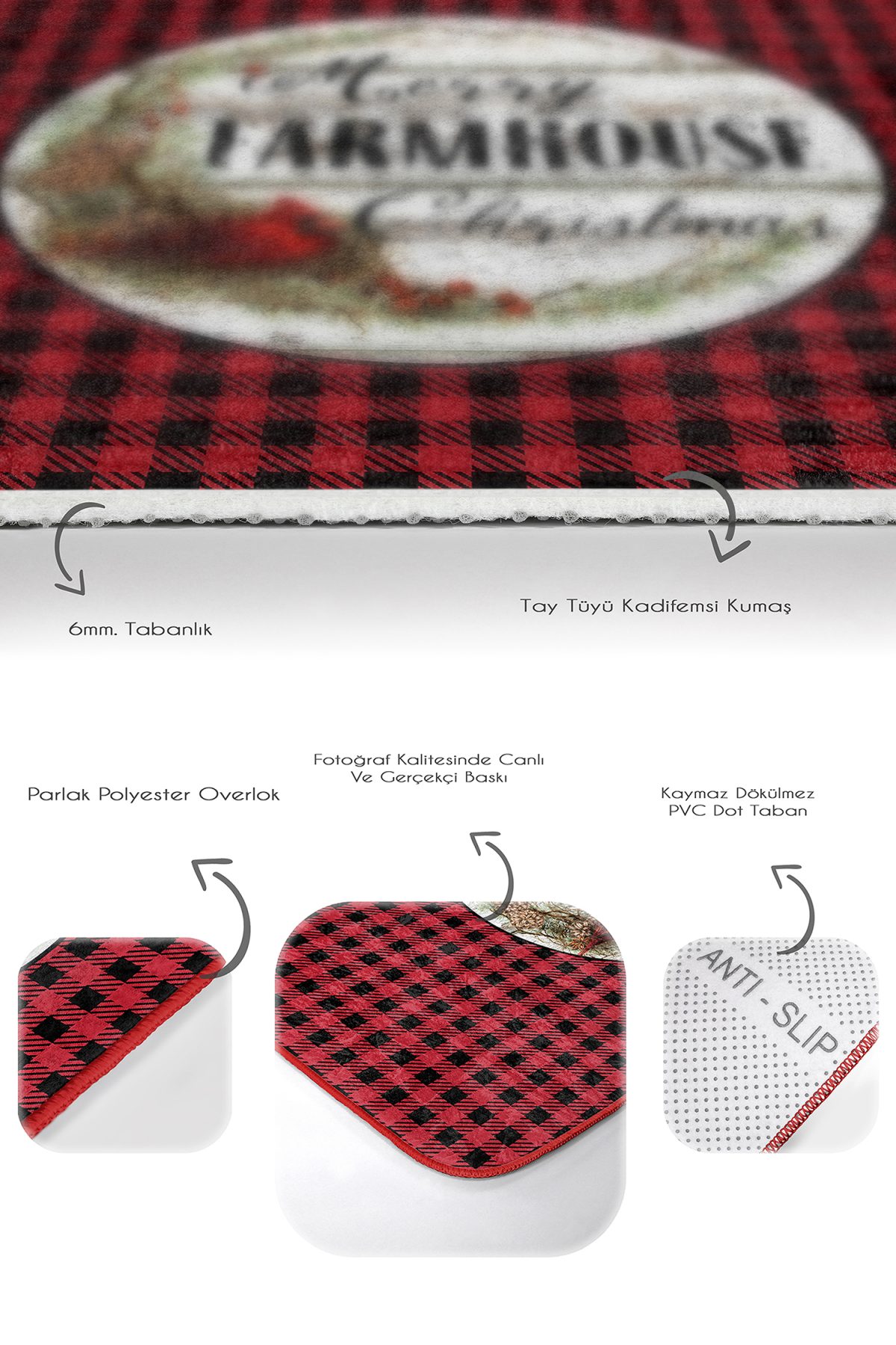 Kırmızı Siyah Ekose Christmas Temalı 2'li Mutfak Paspas Takımı & Banyo Halısı Seti Realhomes