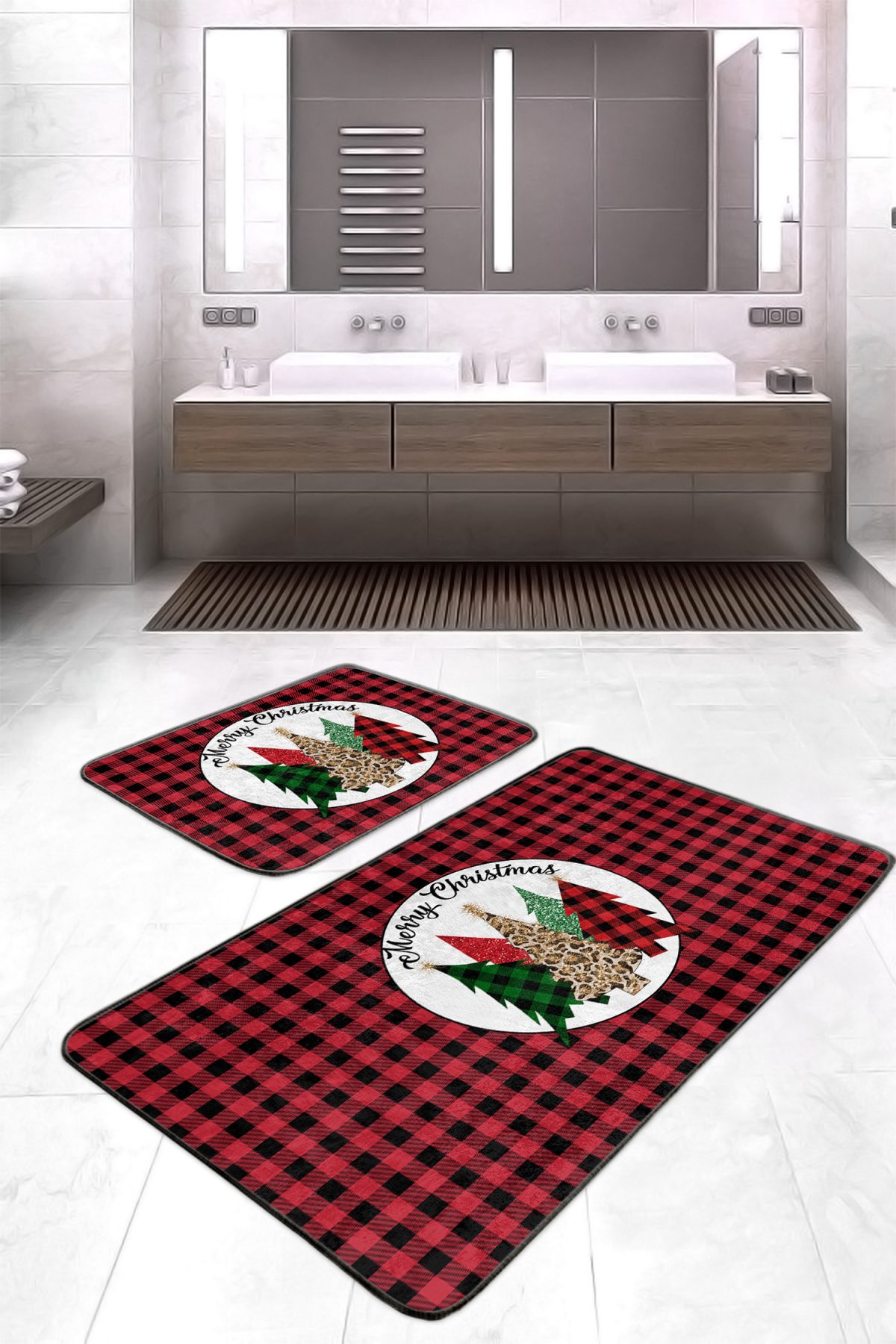 Mery Christmas Temalı Kırmızı Ekoseli 2'li Banyo Halısı Seti & Klozet Paspas Takımı Realhomes