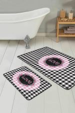 Siyah Ekose Tasarımlı Love Temalı 2'li Banyo Paspas Takımı & Mutfak Paspas Takımı Realhomes