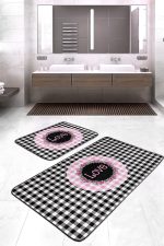 Siyah Ekose Tasarımlı Love Temalı 2'li Banyo Paspas Takımı & Mutfak Paspas Takımı Realhomes