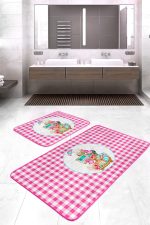 - RealHomes - Realhomes Pembe Ekoseli Özel Tasarım 2'li Banyo Paspas Takımı & Mutfak Paspas Seti Realhomes