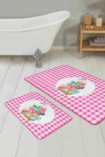 - RealHomes - Realhomes Pembe Ekoseli Özel Tasarım 2'li Banyo Paspas Takımı & Mutfak Paspas Seti Realhomes