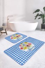 Welcome Temalı Mavi Ekoseli 2'li Mutfak Paspas Takımı & Banyo Halısı Seti Realhomes