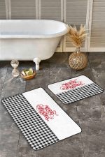 - RealHomes - Realhomes Siyah Ekose Mery Christmas Temalı 2'li Banyo Halısı Seti & Mutfak Paspas Takımı Realhomes
