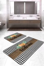- RealHomes - Realhomes  Welcome Temalı Ekose Motifli 2'li Mutfak Halısı Seti & Banyo Paspas Takımı Realhomes