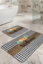 - RealHomes - Realhomes  Welcome Temalı Ekose Motifli 2'li Mutfak Halısı Seti & Banyo Paspas Takımı Realhomes