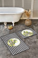 - RealHomes - Realhomes  Siyah Ekose Motifli Limon Temalı 2'li Banyo Paspas Takımı & Mutfak Paspas Seti Realhomes