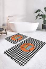 - RealHomes - Realhomes  Siyah Ekose Motifli Welcome Temalı 2'li Banyo Halısı Seti & Klozet Paspas Takımı Realhomes
