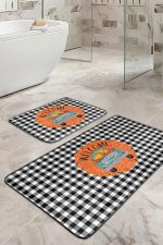 - RealHomes - Realhomes  Siyah Ekose Motifli Welcome Temalı 2'li Banyo Halısı Seti & Klozet Paspas Takımı Realhomes