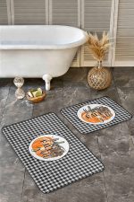 - RealHomes - Realhomes  Siyah Ekose Motifli Kabak Temalı 2'li Mutfak Paspas Takımı & Banyo Paspas Seti Realhomes