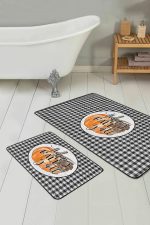 - RealHomes - Realhomes  Siyah Ekose Motifli Kabak Temalı 2'li Mutfak Paspas Takımı & Banyo Paspas Seti Realhomes