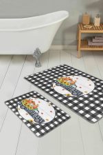 - RealHomes - Realhomes  Siyah Ekose Kabak Motifli 2'li Mutfak Paspas Seti & Banyo Klozet Paspas Seti Realhomes