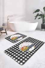 - RealHomes - Realhomes  Siyah Ekose Kabak Motifli 2'li Mutfak Paspas Seti & Banyo Klozet Paspas Seti Realhomes