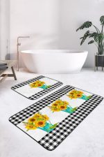 - RealHomes - Realhomes  Siyah Ekose Ayçiçeği Motifli 2'li Mutfak Paspas Takımı & Banyo Halısı Seti Realhomes