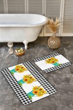 - RealHomes - Realhomes  Siyah Ekose Ayçiçeği Motifli 2'li Mutfak Paspas Takımı & Banyo Halısı Seti Realhomes