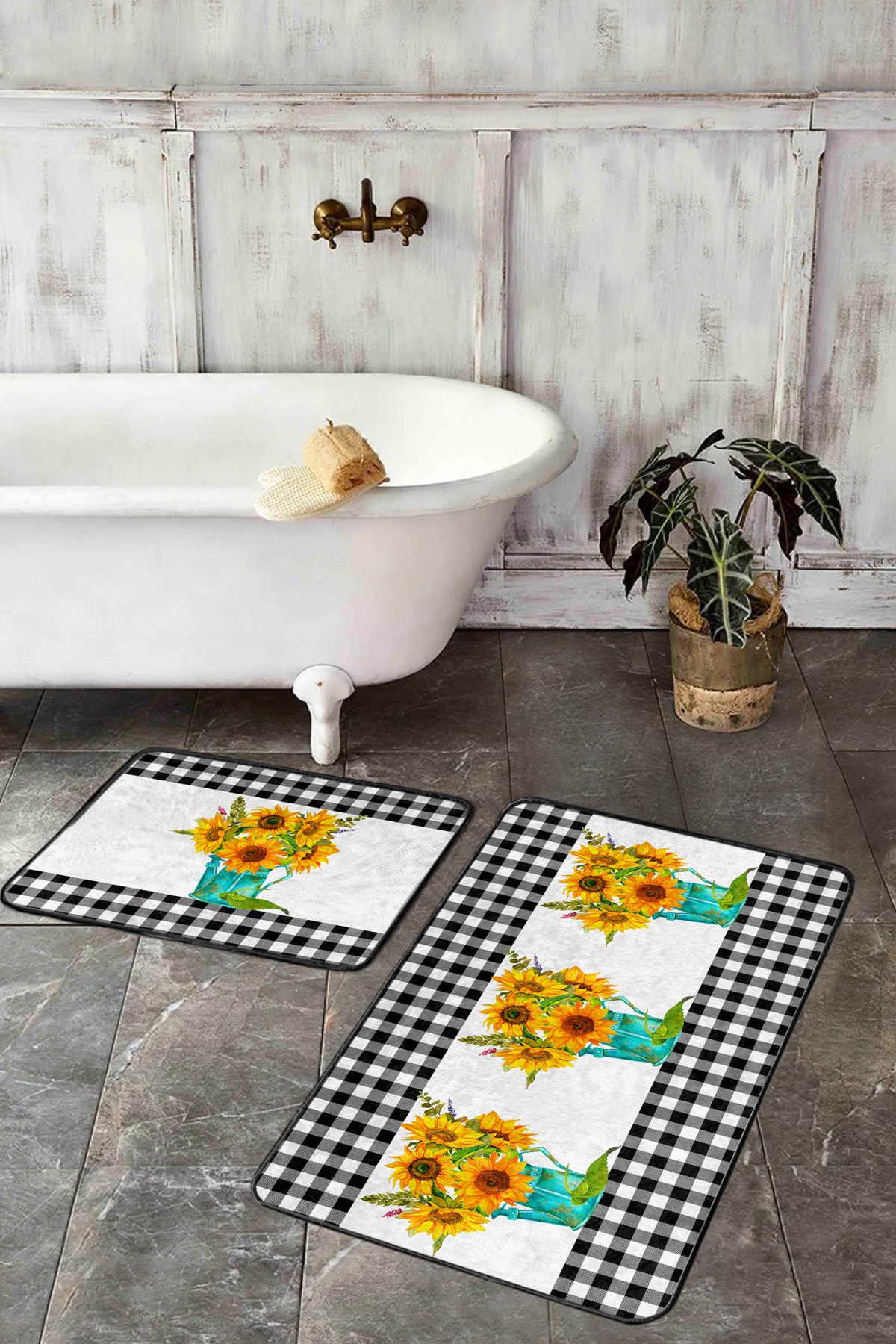 Siyah Ekose Ayçiçeği Motifli 2'li Mutfak Paspas Takımı & Banyo Halısı Seti Realhomes