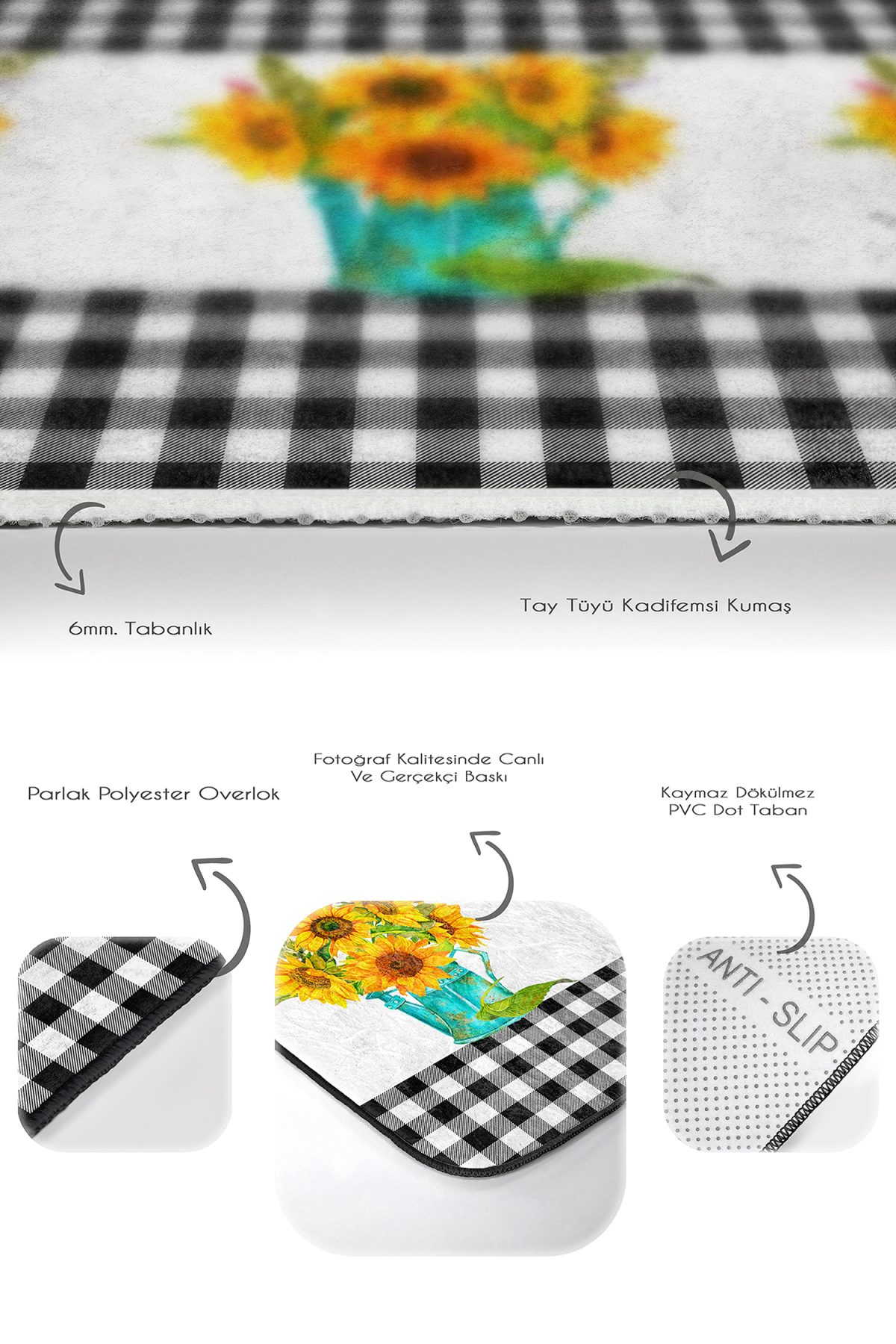 Siyah Ekose Ayçiçeği Motifli 2'li Mutfak Paspas Takımı & Banyo Halısı Seti Realhomes