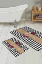 Siyah Ekose Mery Christmas Tasarımlı 2'li Mutfak Paspas Seti & Banyo Halısı Takımı Realhomes